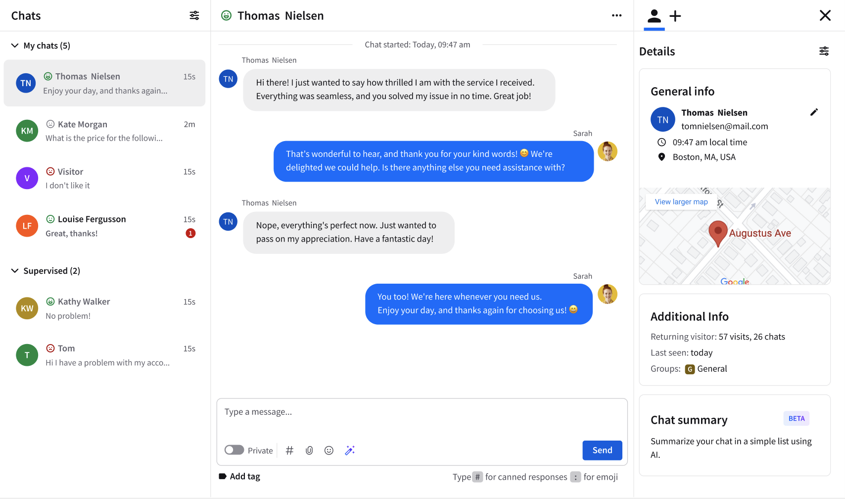 The Chats view of the LiveChat Agent App. Various emoticons next to customer names reflect the analysed sentiment of customer messages.